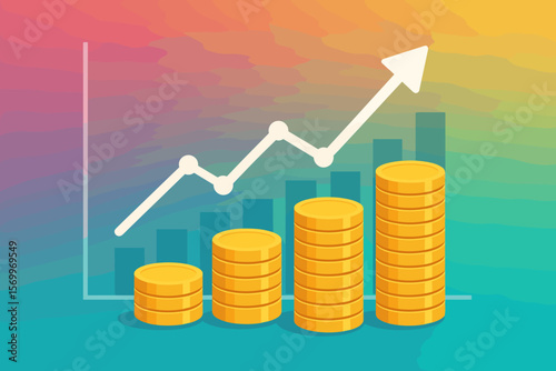 Financial growth concept with stacks of coins and an upward graph. Business profit, investment return, and stock market success. Economic increase, savings, currency exchange.