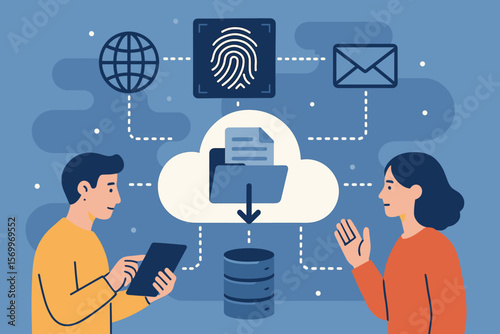 Cloud technology and data storage concept. Biometric security with fingerprint authentication. Business information exchange and secure internet file transfer protocol to server.