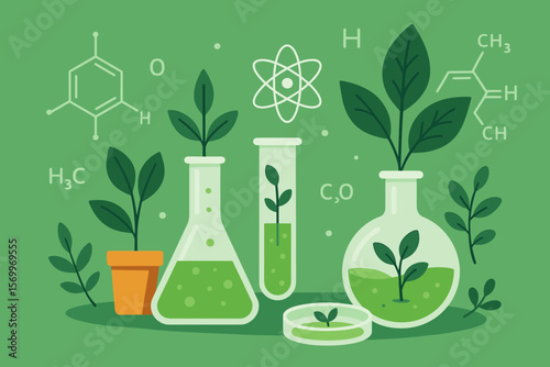 Biology laboratory research concept. Plant science, biochemistry, and biotechnology. Plants in lab glassware, test tubes, with chemical formulas. Flat vector cartoon illustration.