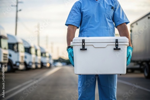 Medical professional transports a cooler box with a fleet of trucks in the background