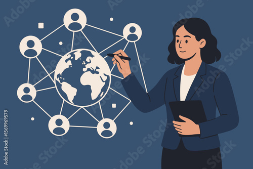 Businesswoman drawing global network structure. International business concept. Data exchange, customer connection, team management. Social media technology and communication.