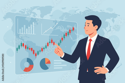 Businessman analyzing stock market data on a virtual interface. Trader pointing at candlestick chart for financial investment. Global business, finance, and technology concept.