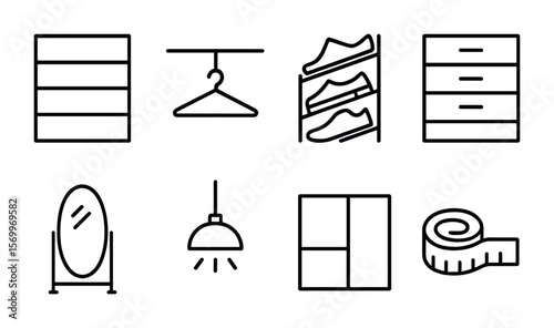 Walk-In Closet Icons. Outline vector icons of building a walk-in closet: shelving unit, hanging rod, shoe rack