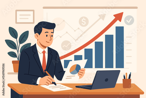 Businessman analyzing financial data for growth and long-term investment. Office worker with digital graph showing company profitability and positive indicators. Success concept.