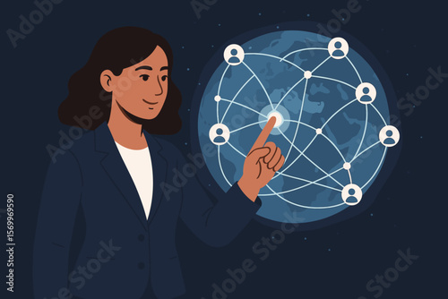 Businesswoman interacting with a futuristic global network interface. Concept for international business, customer connection, data exchange, communication, and digital technology.