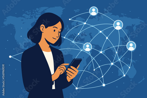 Business woman using mobile smartphone for global network. Digital marketing and customer data connection concept. Social media communication on world map. Flat vector illustration.