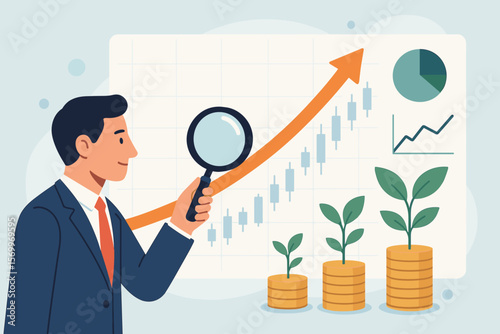 Businessman analyzing stock market trend for financial investment growth. Economic graph indicators and sustainable profit strategy. Money plant growing from coins concept. Vector.