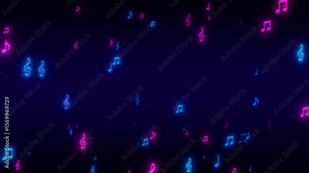 neon lights pink and blue music notes flying on dark background animation, musical nota bar and concert social media motion background	