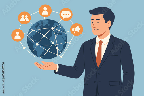 Businessman presents global network structure for data exchange and customer connection. Concept of digital marketing, social media, communication, and internet technology.
