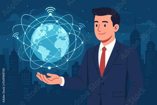 Businessman holding global telecommunication network. Concept of wireless communication, cyber technology, smart internet, and network modernization with cityscape background.