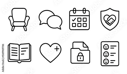 Therapy Icons Set. Outline vector icons of therapy and counseling: therapist chair, talk bubble, session