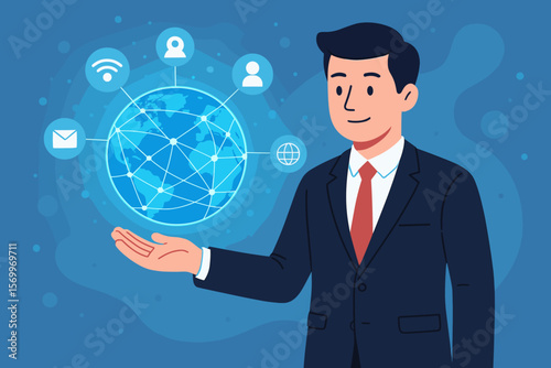 Businessman holding a glowing globe representing a global network and data exchange. Concept of digital connection, telecommunication, internet business, and social media.