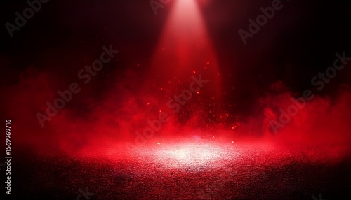 dramatic dark bold red smoky misty fire colorful background glowing spotlight highlight and floating dust particles on reflective ground cinematic studio product photography backdrop