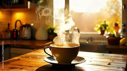 Steaming coffee cup on wooden table