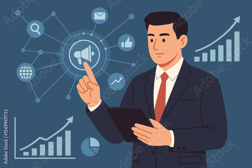 Businessman using tablet for digital marketing strategy. Analyzing sales data, investment, and financial growth graphs. Global network connection and advertising concept.