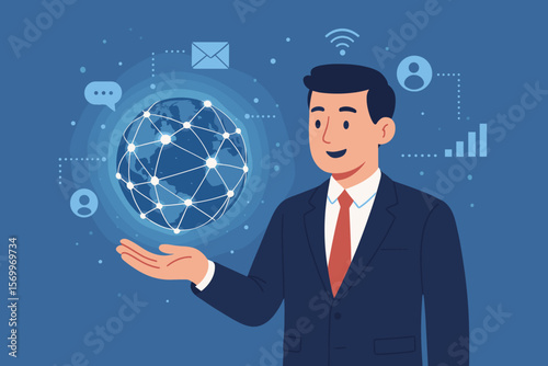 Businessman holding a global network globe with digital connections and data exchange. Telecommunication technology concept for internet business, social media, and communication.