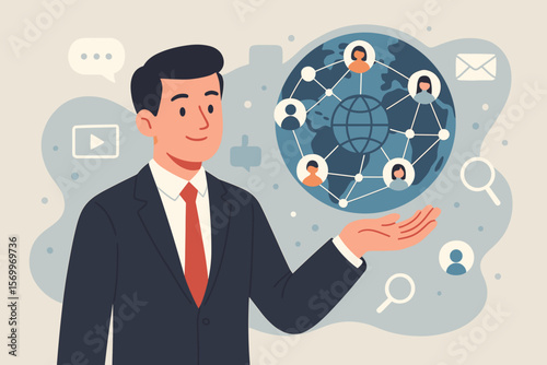 Businessman holding global structure for networking and data exchange. Customer network concept for digital marketing, social media, communication, and internet technology.