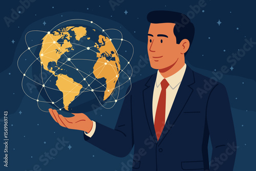 Businessman holding a glowing Earth globe with a global network connection. Concept of international business, data exchange, communication technology and future innovation. Vector.