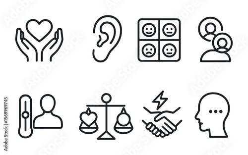 Emotional Intelligence Icons. Outline vector icons of emotional intelligence: empathy icon, listening ear,