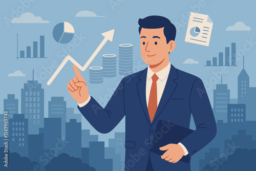Businessman analyzing financial investment data, pointing at growth graph. Business planning, strategy for corporate success. Charts, coins, stock market on city background.