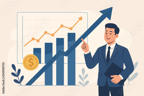 Businessman pointing at rising arrow on growth graph. Financial analysis of sales data and economic trends. Investment concept for profit, banking, and stock market success.