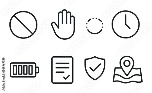 Healthy Boundaries Icons. Outline vector icons of healthy boundaries: no icon, stop hand, space circle, time
