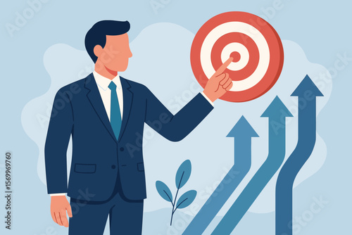 Businessman pointing at target for business goal and success. Marketing strategy, vision, objective. Company growth concept with rising arrows. Direction, focus, achievement.