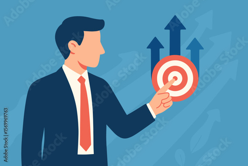 Businessman touching target board with rising arrows, setting business goals, marketing plan, strategy, growth direction, success concept, sustainable future, modern vector illustration