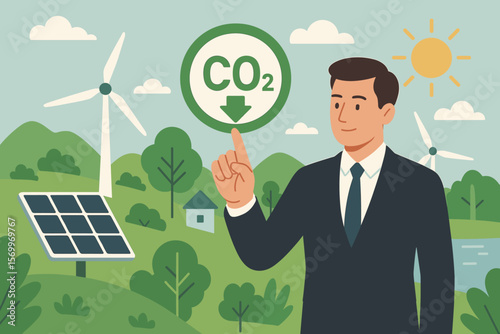 Reduce CO2 emissions concept with businessman pointing to icon. Renewable energy, wind turbines, solar panels. Limit global warming, climate change. Sustainable ESG business.