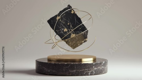 Unique black cube sculpture with gold accents rotating above a marble base in an art gallery