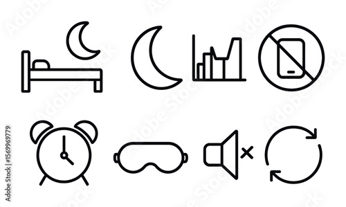 Sleep Icon Set. Outline vector icons of sleep and recovery: bed icon, moon symbol, sleep chart, no screen sign