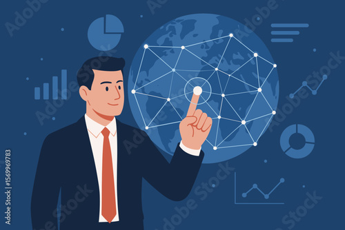 Businessman touching global network connection on a futuristic screen. Big data analysis for digital marketing, business data exchange, worldwide investment, and finance concept.