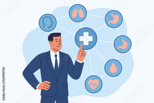 Businessman interacts with virtual medical network icons. Health insurance and digital healthcare concept. Telemedicine, technology, and wellness checkup with organ symbols.