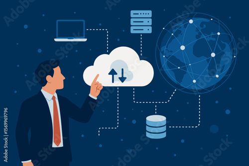 Businessman and cloud computing technology for big data storage on a global network. Digital service for information transfer, database management, and server connection concept.