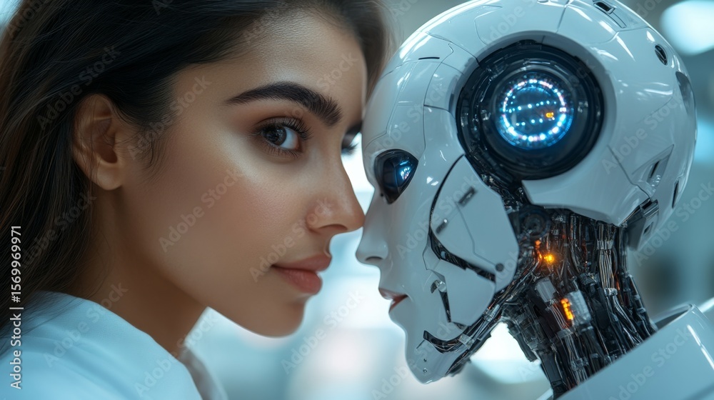 Fototapeta premium Encuentro con las nuevas tecnologías robóticas, entre el ser humano y los robots, inteligencias artificiales y robótica como concepto.