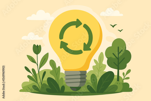 Circular economy concept. Light bulb with recycle symbol in nature. Sustainable strategy for renewable energy, zero waste, pollution elimination, and future environmental growth.