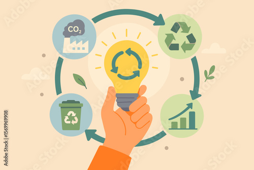 Circular economy concept. Hand holding light bulb with icons for recycling, CO2 emissions, waste management, and business growth. Sustainable development and green energy idea.