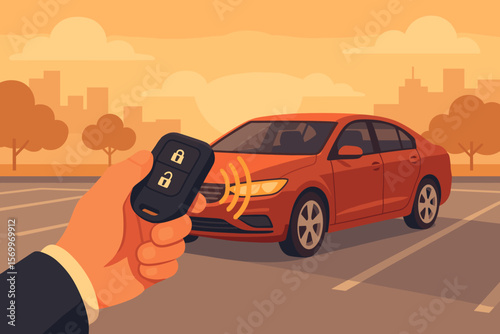 Businessman hand unlocking car with remote control key fob in parking lot at sunset, modern flat vector illustration, vehicle security, urban city background, transportation concept