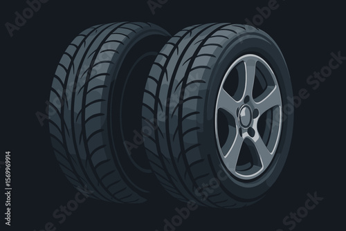 Realistic close up car tires with detailed tread pattern and alloy wheels on dark background. Modern automotive vector illustration. Vehicle maintenance, auto parts, transportation concept