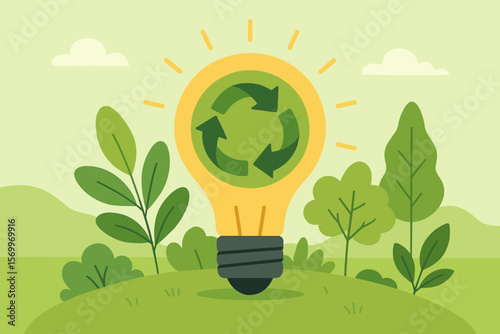 Circular economy concept. Light bulb with recycling symbol in green nature landscape. Sustainable energy innovation idea. Eco-friendly strategy to eliminate waste and pollution.