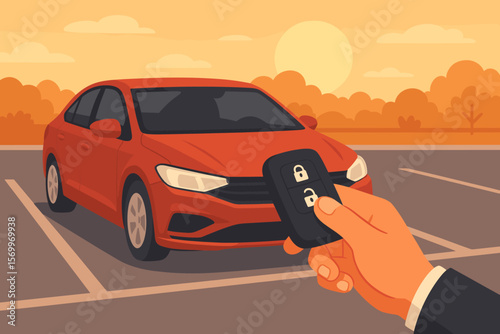 Hand with remote control unlocking car in parking lot. Man using smart key fob for keyless entry at sunset. Vehicle rental, car sharing, auto alarm security system concept.