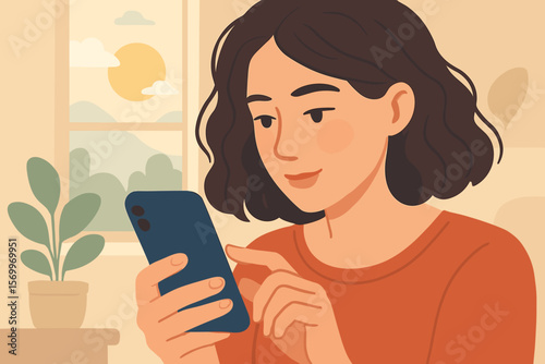 Woman using smartphone indoors morning sunlight, cozy home interior, casual lifestyle, digital communication, technology addiction, social media, modern vector illustration