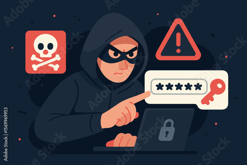 Hacker stealing password cyber attack concept. Computer crime, data breach, phishing, hacking, security threat. Skull warning, alert sign, lock icon. Flat vector illustration