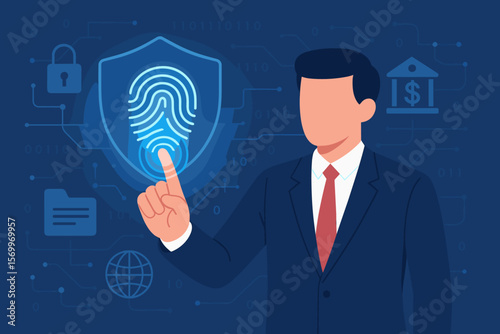 Businessman Touching Digital Fingerprint for Cyber Security Access, Online Identity Verification, Financial Data Protection, Internet Security, Technology Network Concept