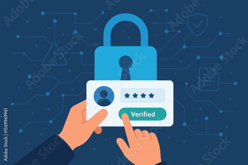 Cyber security login authentication. Hand verifies identity credentials on virtual screen. Data protection technology. Digital padlock. Business privacy. Secure network access.