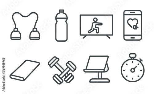 Home Workout Icons. Outline vector icons of home workout setup: resistance band, water bottle, smart TV,