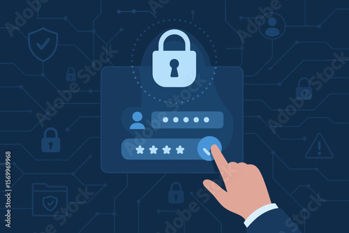 Cyber security login authentication. Hand using virtual interface for password entry. Digital padlock, verified identity credentials, network data protection, business privacy concept