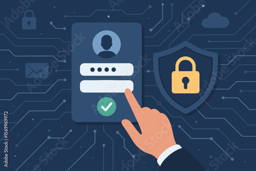 Cyber security login authentication. Hand entering password on virtual screen. Identity verification, data protection, privacy, digital padlock, secure access, network technology