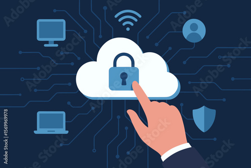 Cyber security cloud computing concept. Hand touching locked cloud icon. Data protection, privacy, secure network connection, technology access control. Flat vector illustration