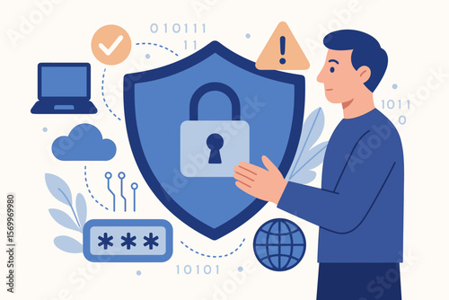 Cyber security network protection concept. Data privacy, online internet safety, password encryption, firewall shield, secure web access, cyber attack prevention, technology services